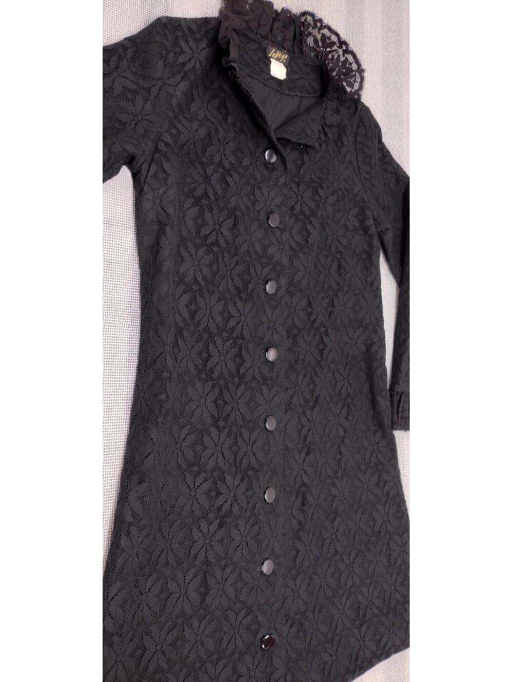 Vintage Rare Flower Power Dress Le Voy's Mod Sixties Black Ruffle Neck Sleeve ML
